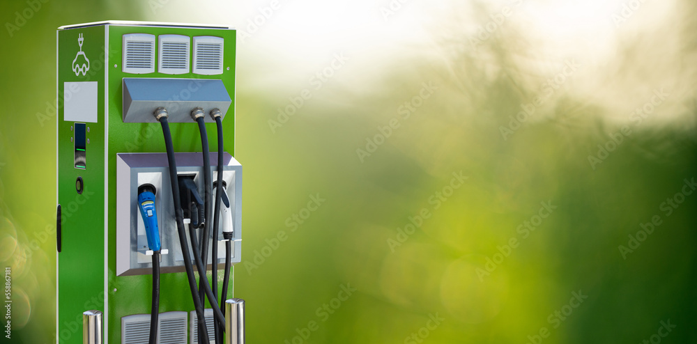 Electric car charging station on a green background