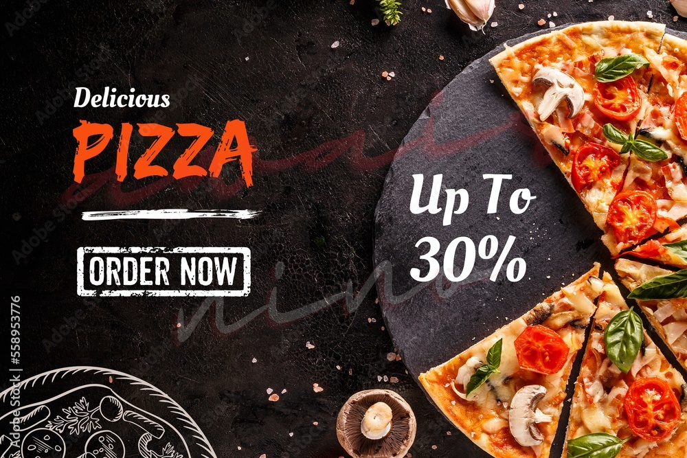 Delicious pizza offer concept. 30% off with half pizza. Top view pizza, woody background. promotiona