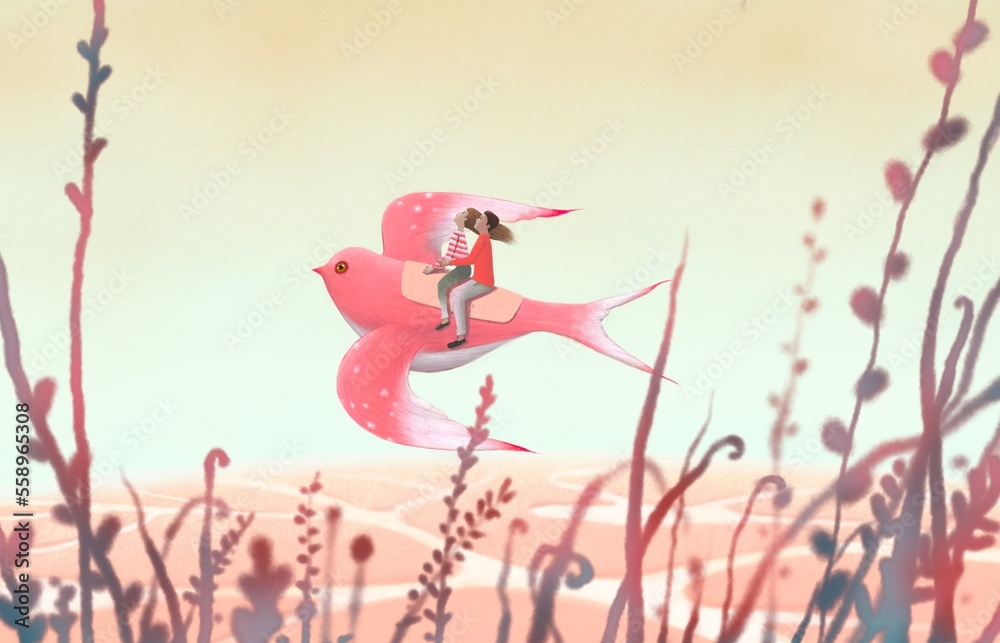 Couple in love riding flying bird. concept art of romance wedding and Valentines day. surreal paint