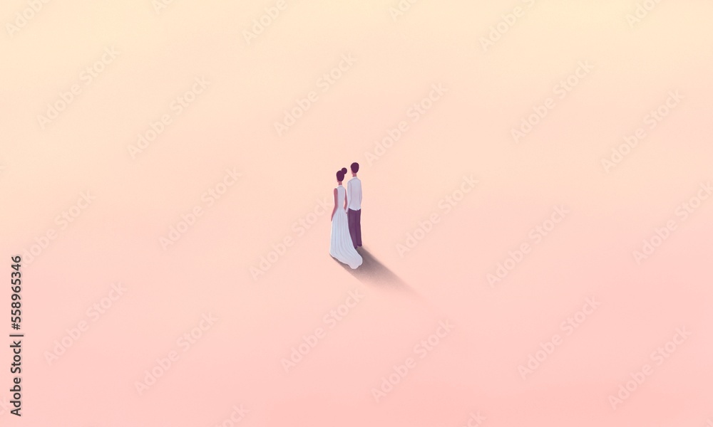 Couple in love. Concept art of wedding, romance and valentines day. pink background. conceptual art