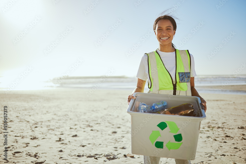 Recycle, plastic and woman cleaning beach for sustainability, green environment and eco friendly wor