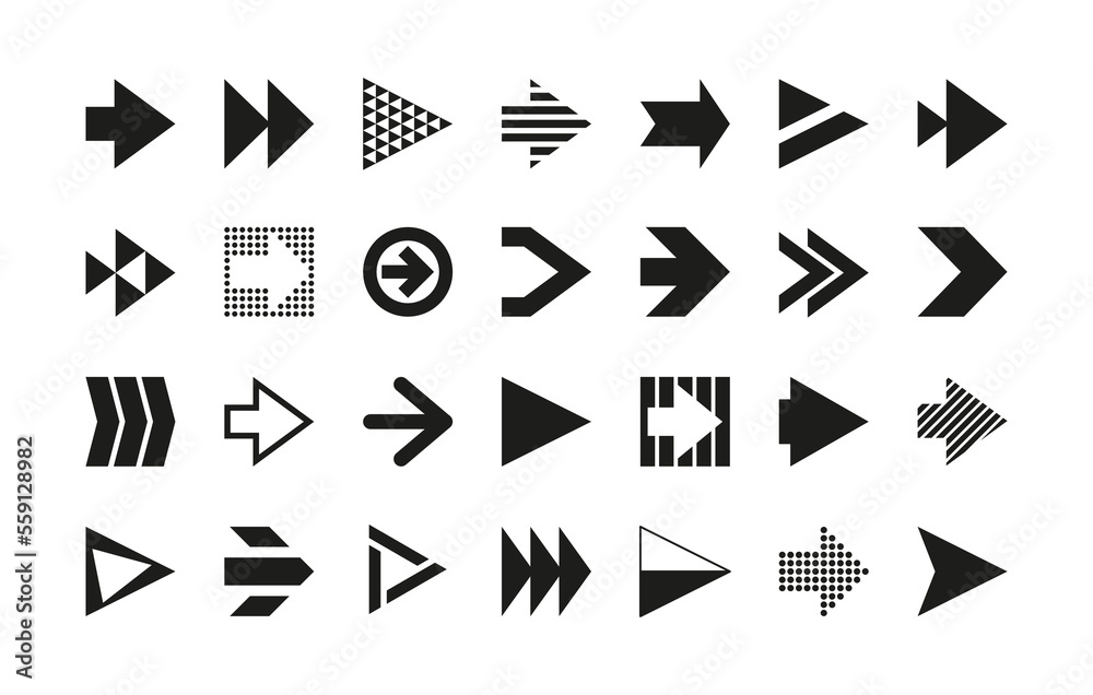 Black arrows. Simple navigation orientation pictograms, directional pointers and cursor click downlo