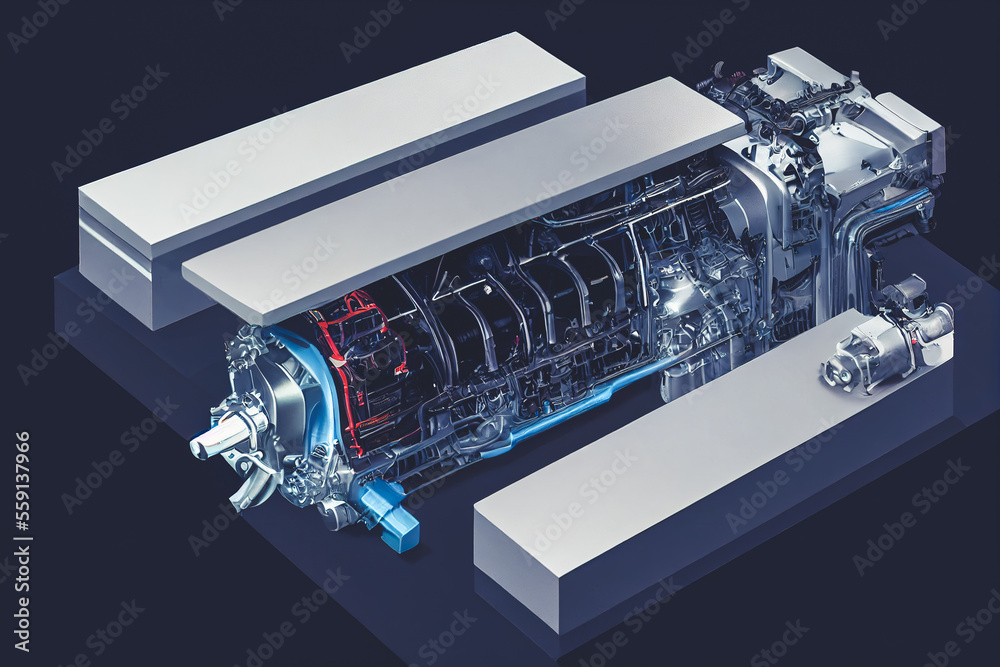 Splendid dissection or cutaway of futuristic electric engine reveal turbine gear component rechargea