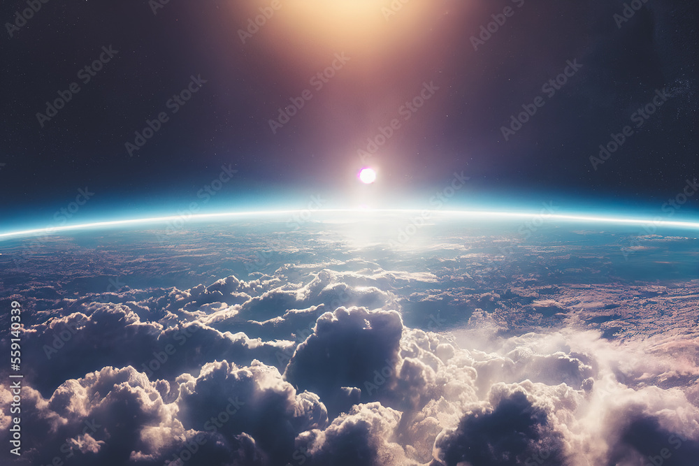 Splendid background cloudscape above the earths atmosphere in the stratosphere, with a galaxy and b