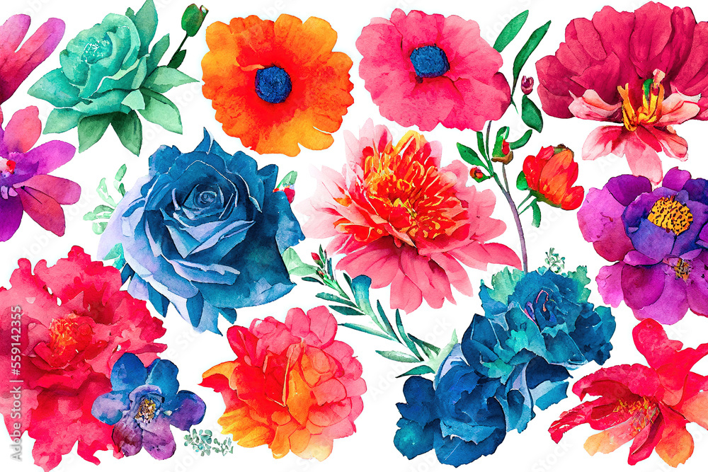 Flower bouquet set watercolor pieces of artwork design. Spring and summer flower nature in style of 