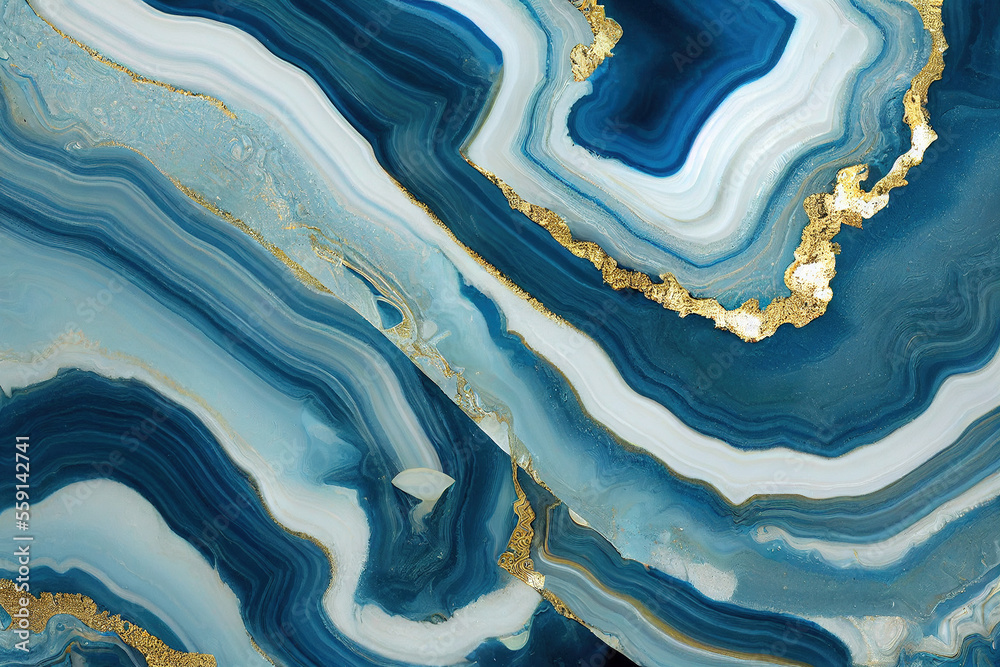 Abstract art background with a fluid marble blue and gold texture. Splendid generative AI luxury abs