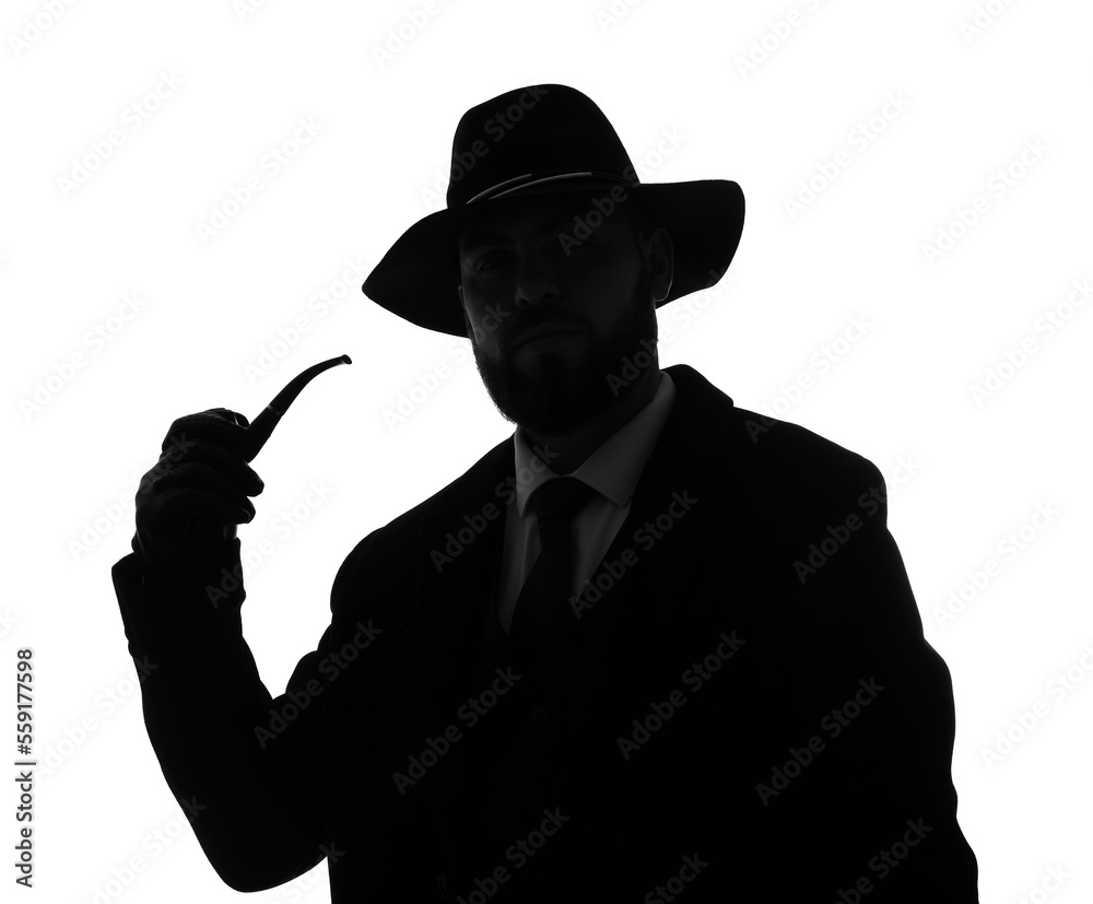 Silhouette of young man with smoking pipe on white background