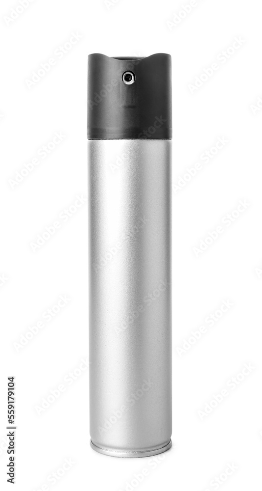 Silver bottle of hair spray on white background