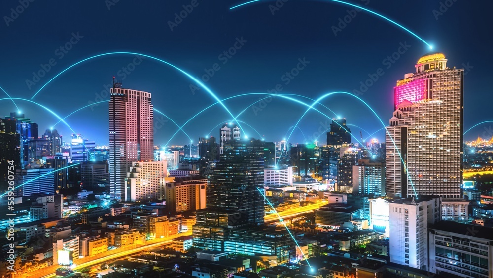 Smart digital city with connection network reciprocity over the cityscape . Concept of future smart 