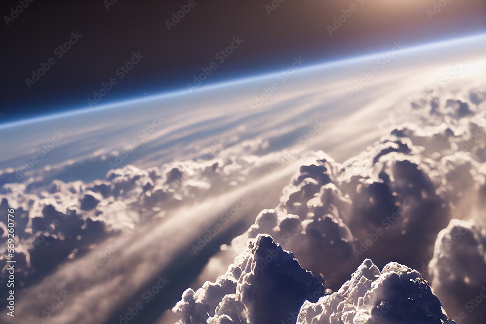 Splendid background cloudscape above the earths atmosphere in the stratosphere, with a galaxy and b