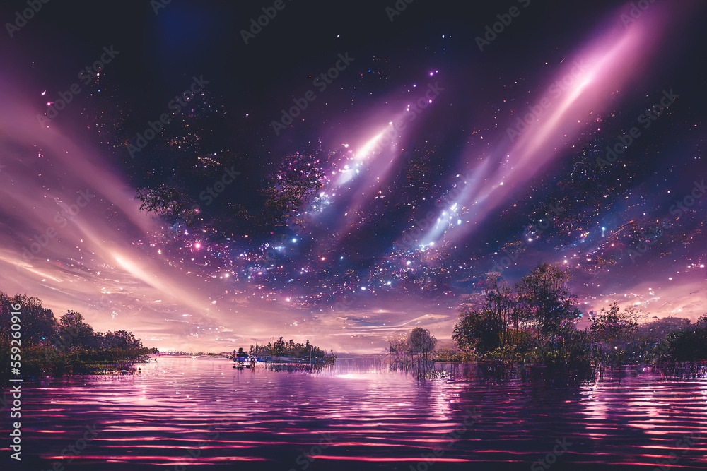 Starry night lake with bright star shine in the sky horizon reflecting on silky lake with splendid n