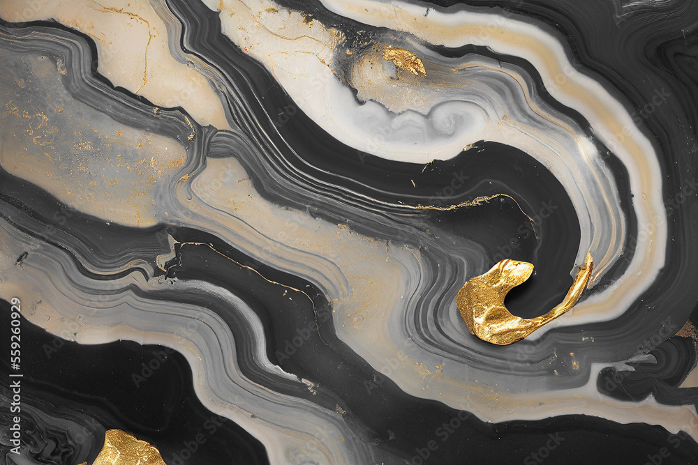 Abstract art background with a fluid marble black and gold texture. Splendid generative AI luxury ab