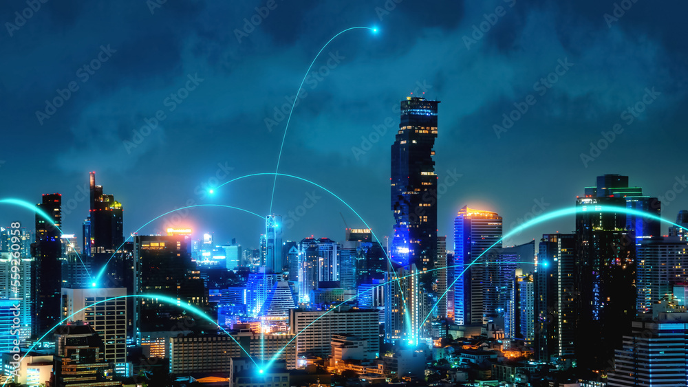 Smart digital city with connection network reciprocity over the cityscape . Concept of future smart 