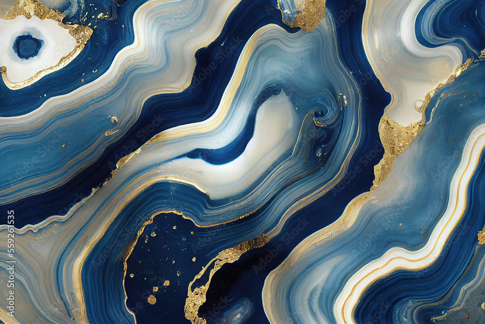 Abstract art background with a fluid marble blue and gold texture. Splendid generative AI luxury abs