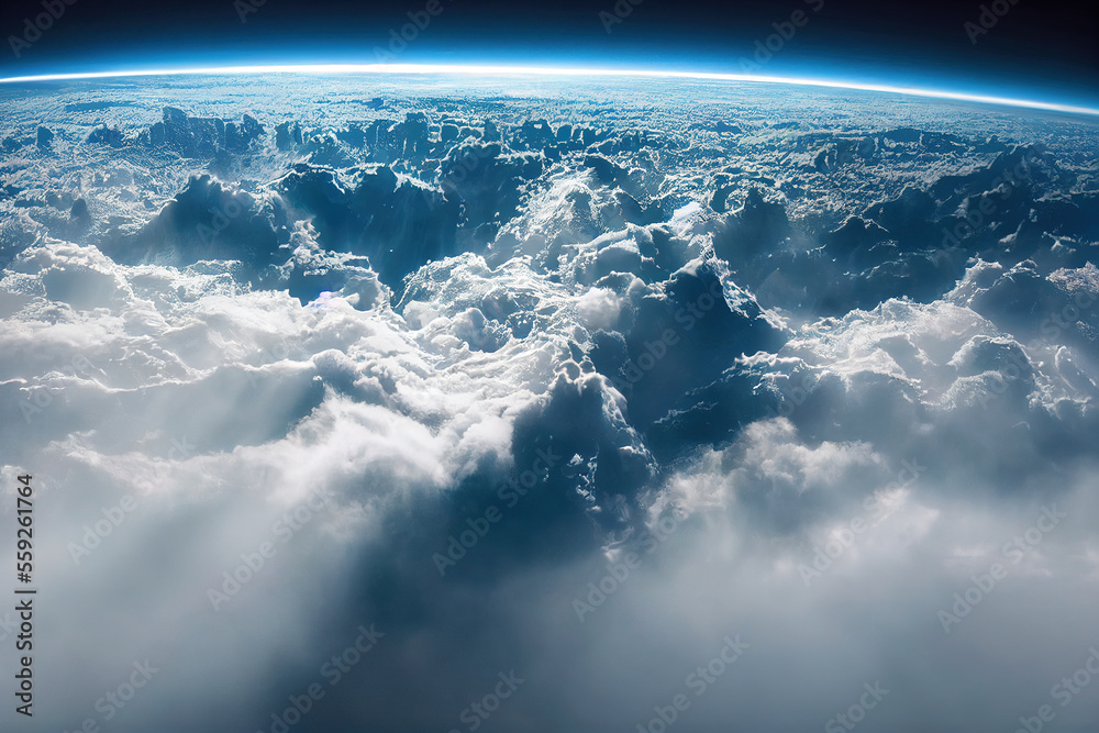 Splendid background cloudscape above the earths atmosphere in the stratosphere, with a galaxy and b