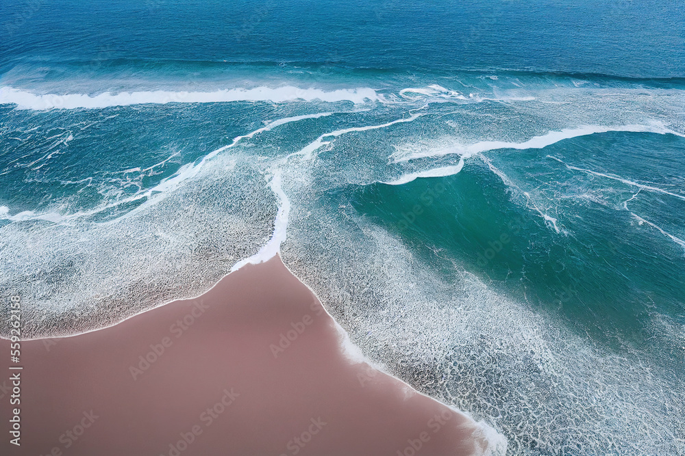 Spectacular top view from drone photo of beautiful pink beach. Generative AI.