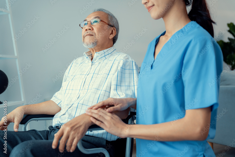 Caring nurse and a contented senior man in a wheel chair at home, nursing house. Medical for elderly