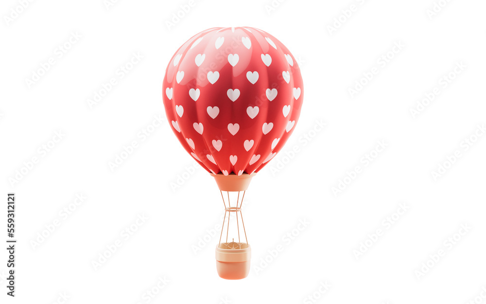 Hot air balloon and love heart shape, 3d rendering.