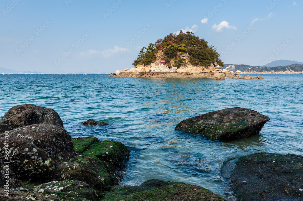 Landscape shot of the Shiraishi island coastline in wintertime, Japan