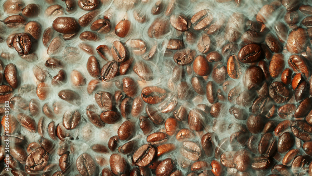 Coffee beans beying roasted, closeup.