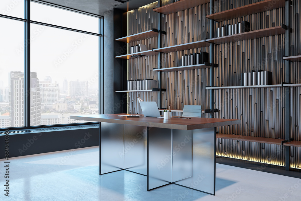 Perspective view on modern office cabinet with stylish transparent work table, modern laptop, city v