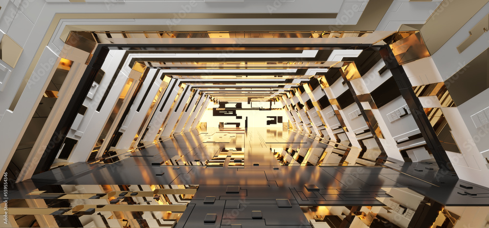 Futuristic sci-fi corridor room. Modern Future background style, interior concept. 3d rendering