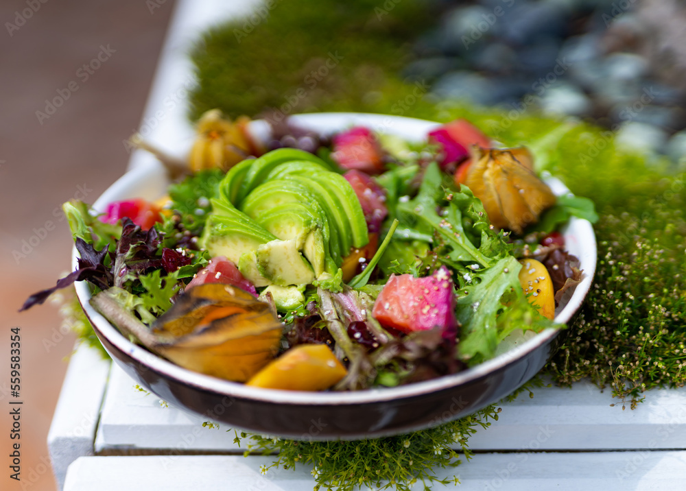 Fresh green vegeterian salad. Delicious healthy diet food.