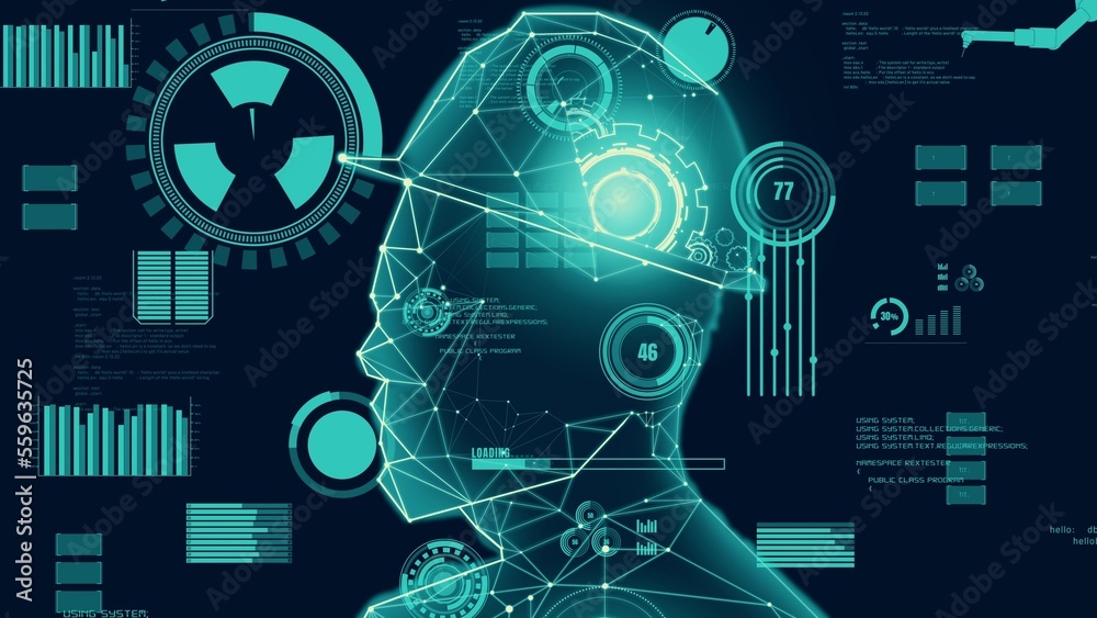 Abstract design of gears in inventive human head outline showing concept of engineering, consciousne