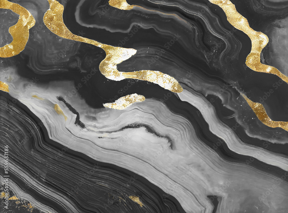 Abstract art background with a fluid marble black and gold texture. Splendid generative AI luxury ab