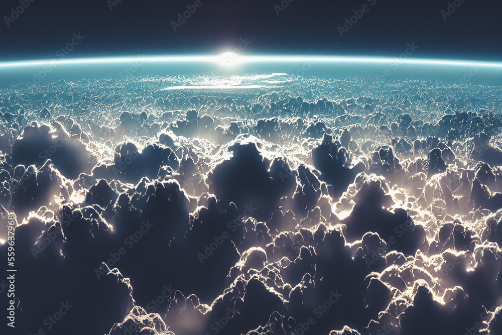 Splendid background cloudscape above the earths atmosphere in the stratosphere, with a galaxy and b