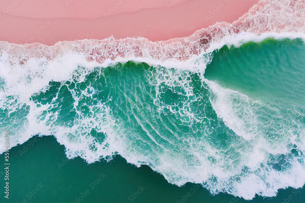 Spectacular top view from drone photo of beautiful pink beach. Generative AI.