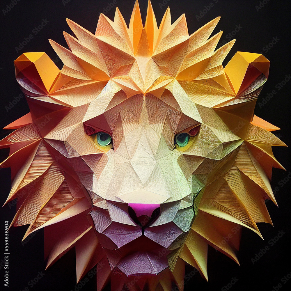 Splendid paper quilling male lion in digital art generative AI. Realistic abstract paper craft in ge