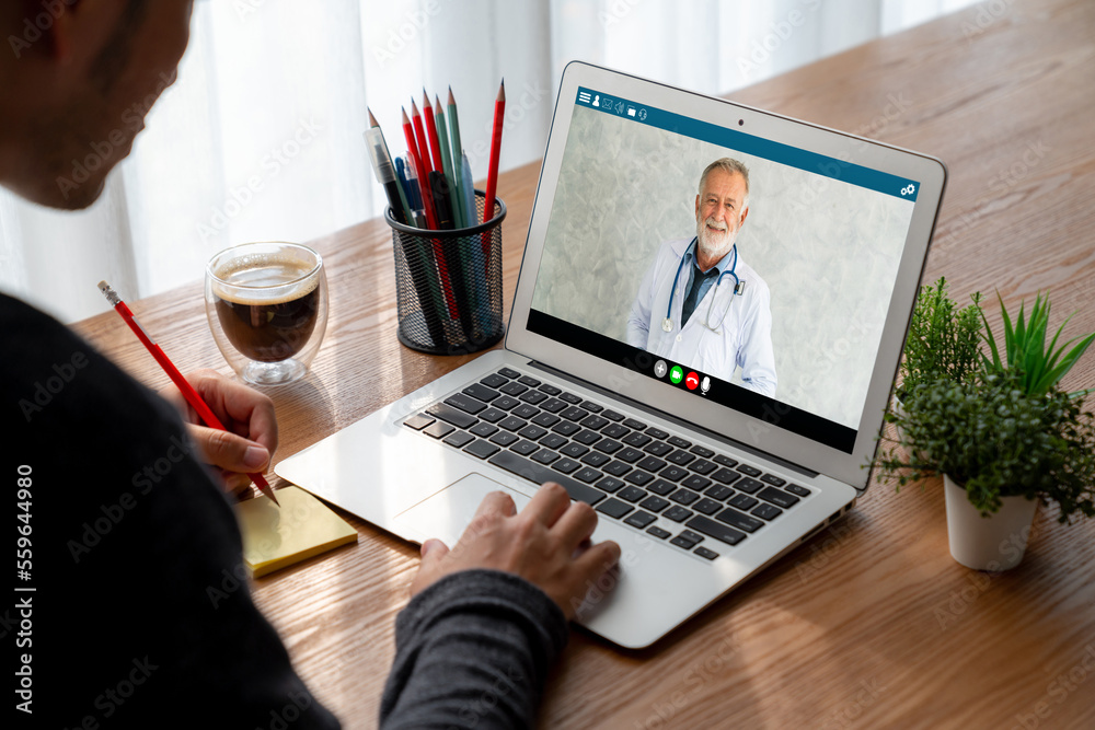 Doctor video call online by modish telemedicine software application for virtual meeting with patien