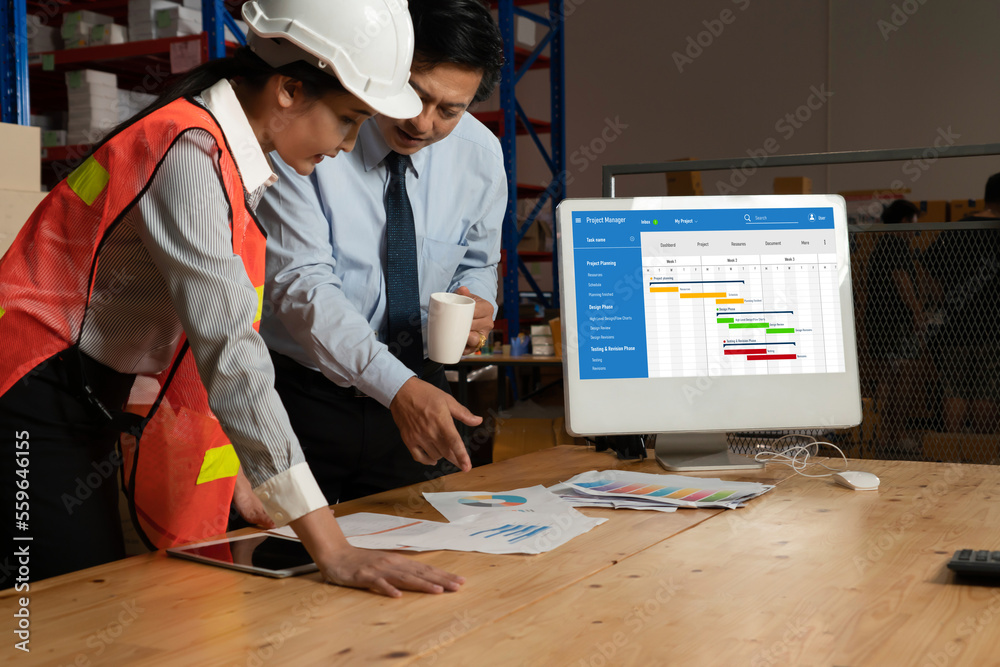 Project planning software for modish business project management on the computer screen showing time