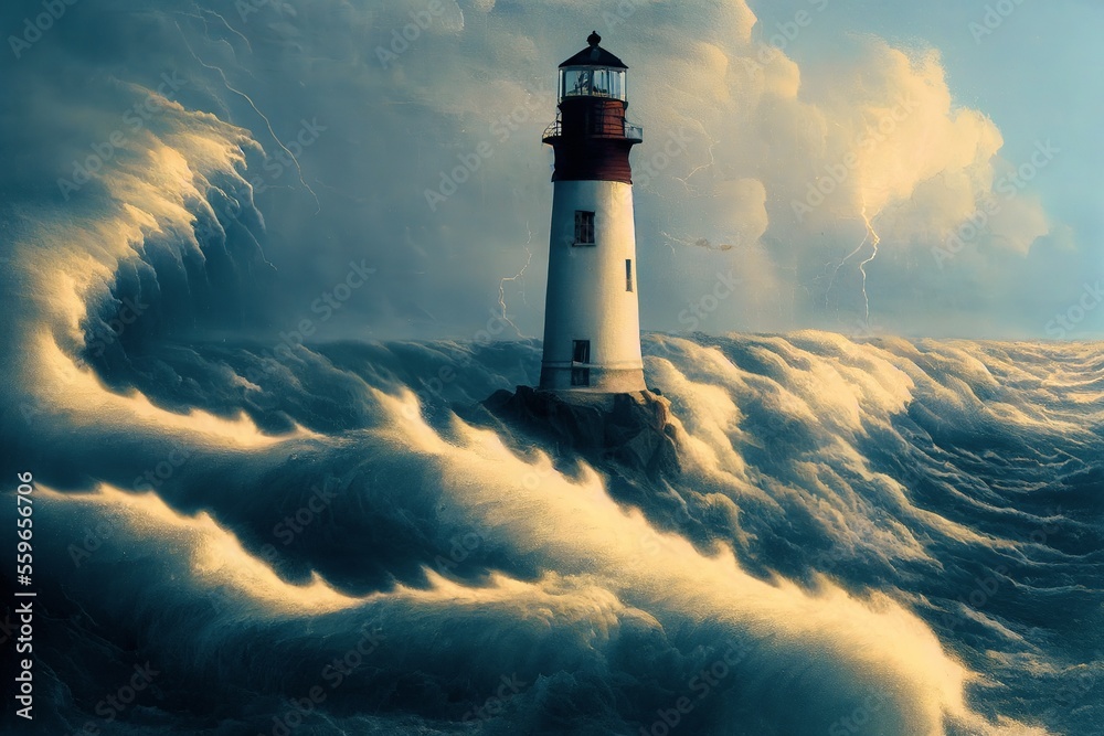 AI generated lighthouse provide light during a large storm on the seashore. Massive and powerful sea