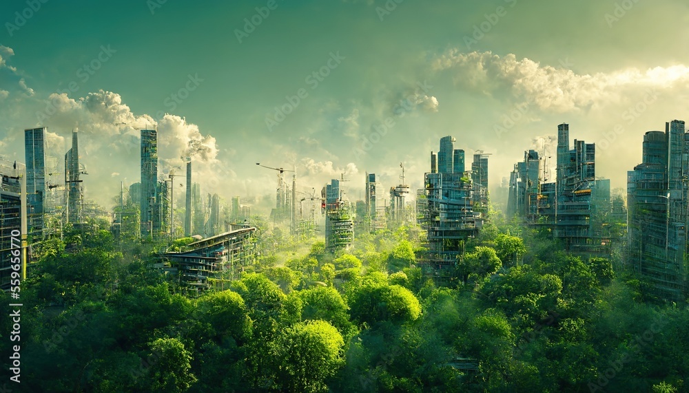 AI generated environmental awareness city with vertical forest concept of metropolis covered with gr