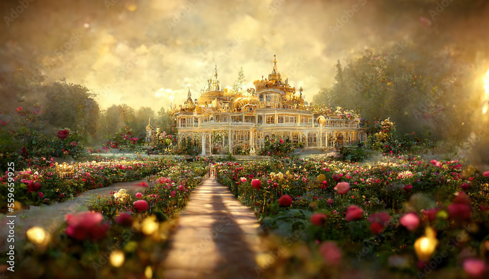 Victorian-style royal palace that looks like it was from a fairy tale. AI generated fantasy luxury a