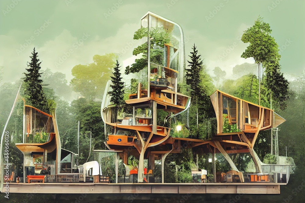 AI generated concept art of environmental friendly modern treehouse with sustainable food and energy