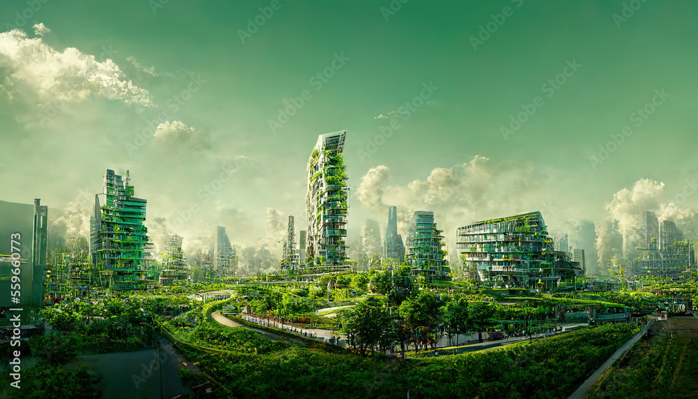 AI generated environmental awareness city with vertical forest concept of metropolis covered with gr