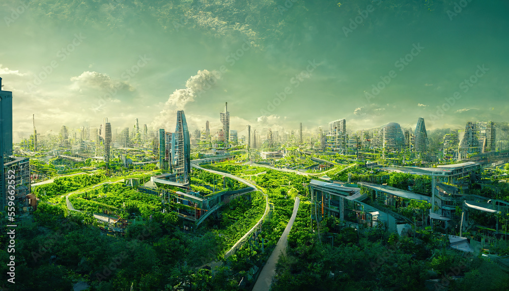 AI generated environmental awareness city with vertical forest concept of metropolis covered with gr