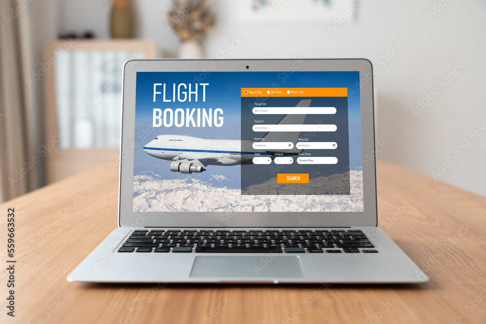 Online flight booking website provide modish reservation system . Travel technology concept .