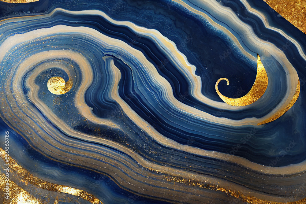 Abstract art background with a fluid marble blue and gold texture. Splendid generative AI luxury abs