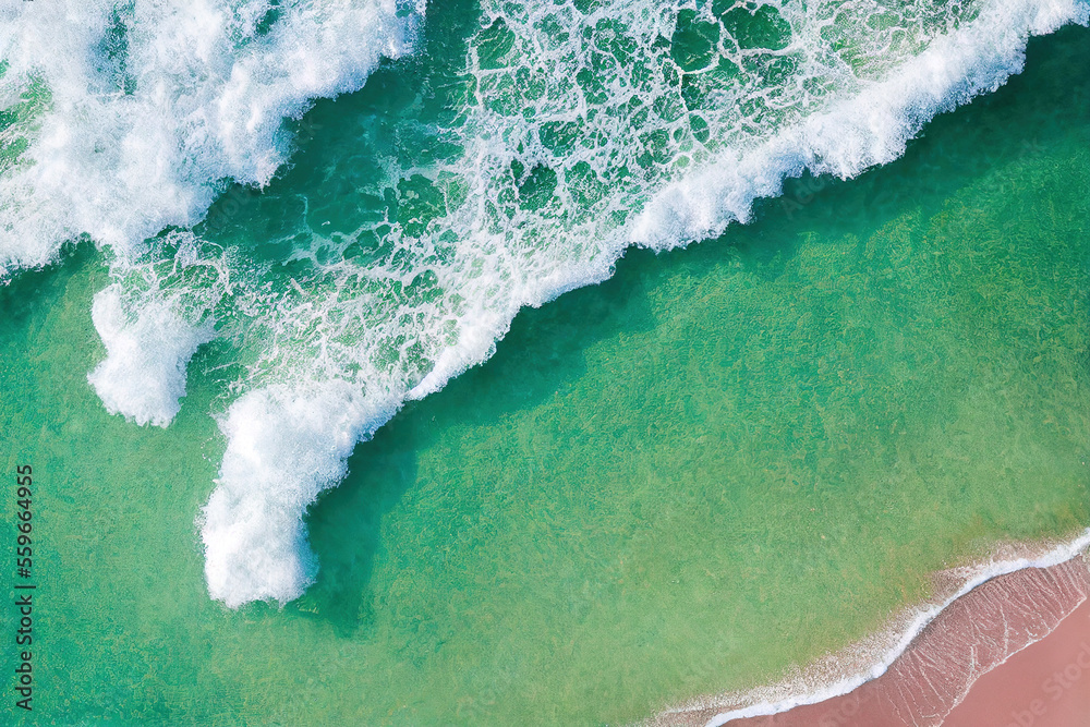 Spectacular top view from drone photo of beautiful pink beach. Generative AI.