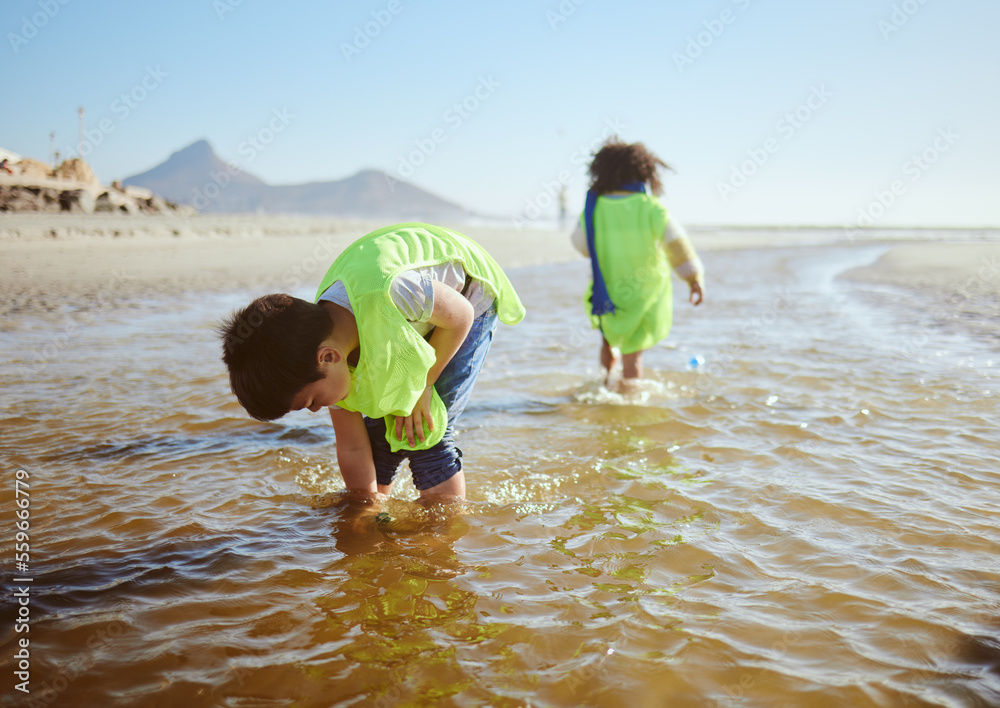 Ocean, environment and young child cleaning for climate change and sustainability, environmental and