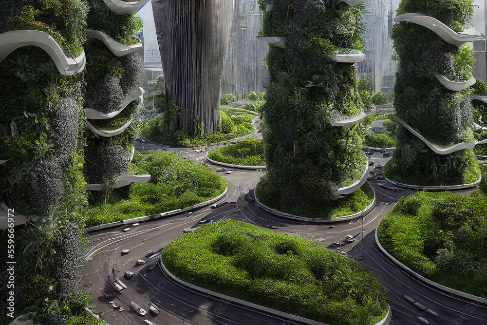 Splendid environmental awareness city with vertical forest concept of metropolis covered with green 