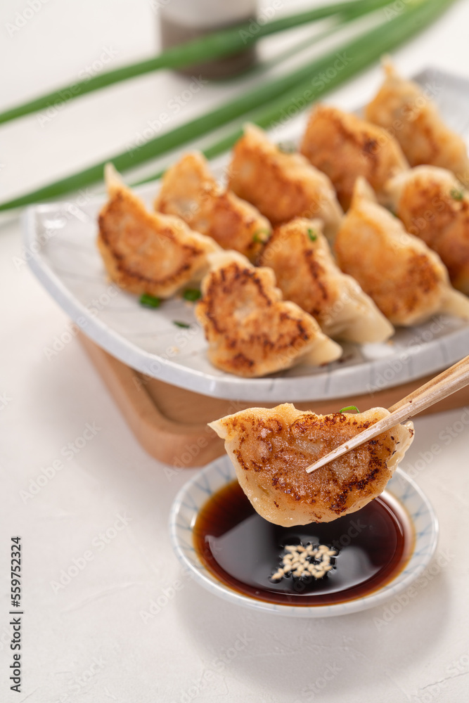 Pan-fried gyoza dumpling jiaozi in a plate with soy sauce on white table background.