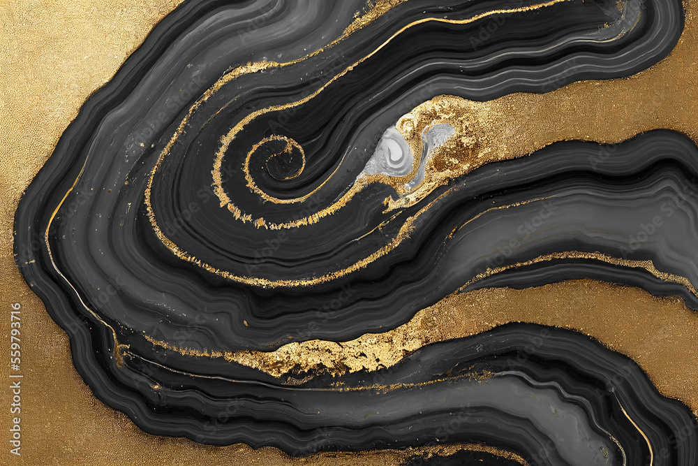 Abstract art background with a fluid marble black and gold texture. Splendid generative AI luxury ab