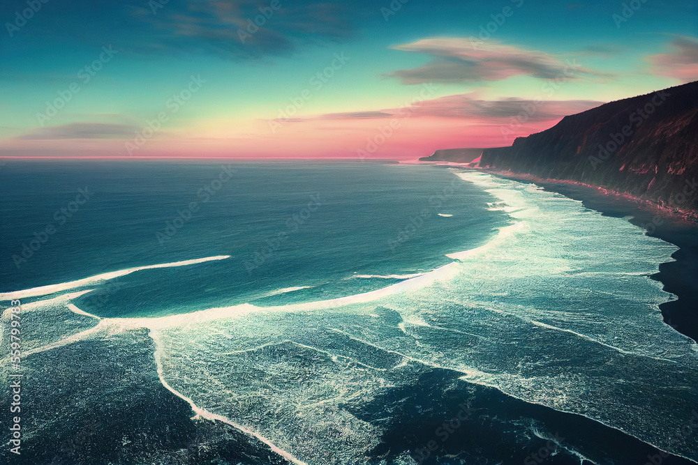 Spectacular drone photo of seascape ocean wave crashing rocky cliff with sunset. Generative AI.