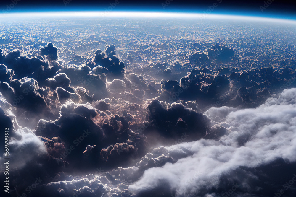 Splendid background cloudscape above the earths atmosphere in the stratosphere, with a galaxy and b