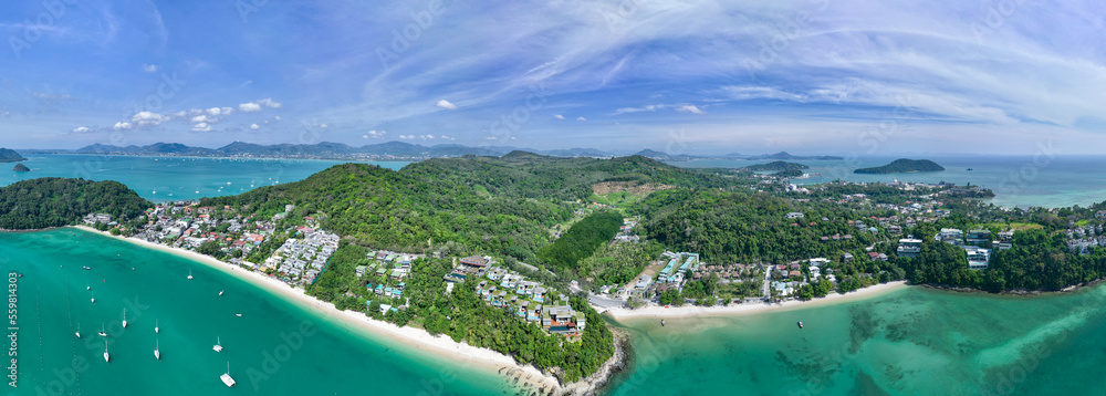 Amazing Panorama view seashore, Aerial view of Tropical sea in the beautiful Phuket island Thailand,